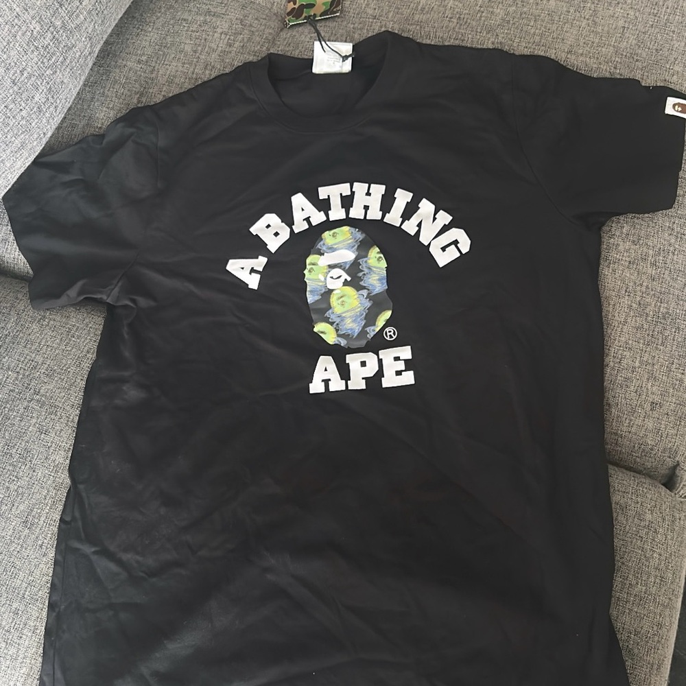 Bape Black Short Sleeve Tee with White and Green Logo